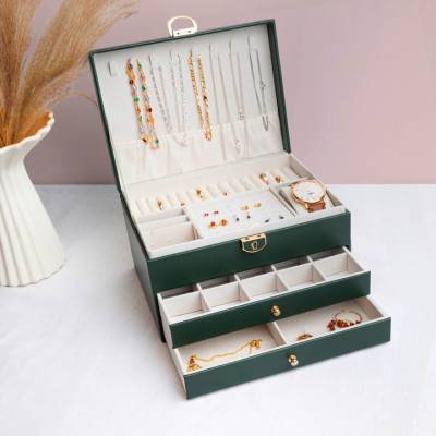 Boite à bijoux vert foret 3 étages 23x17x13cm - Les Essentiels