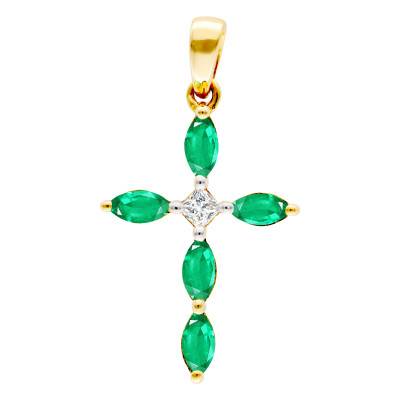 0.05 ct Diamond & 0.55 ct Oval Emerald Cross in 375/1000 or 750/1000 Yellow Gold - Orphée