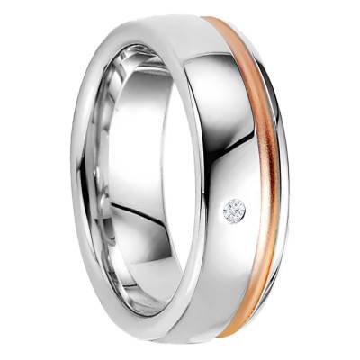 Silver Rose Gold-Plated & Diamond Half-Domed Comfort Palesas Wedding Ring - Breuning