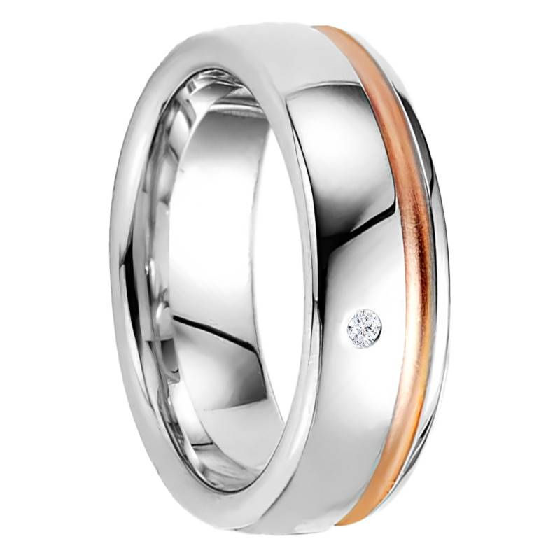 Silver Rose Gold-Plated & Diamond Half-Domed Comfort Palesas Wedding Ring - Breuning