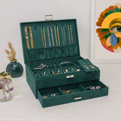 Boite à bijoux flanelle verte grand format 27.5x19x11cm - Les Essentiels