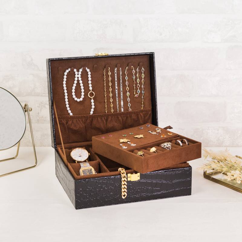 Black Croco-Print Jewelry Box, 23x19x9 cm - Les Essentiels