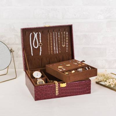Burgundy Croco-Pattern Jewelry Box, 23x19x9cm - Les Essentiels