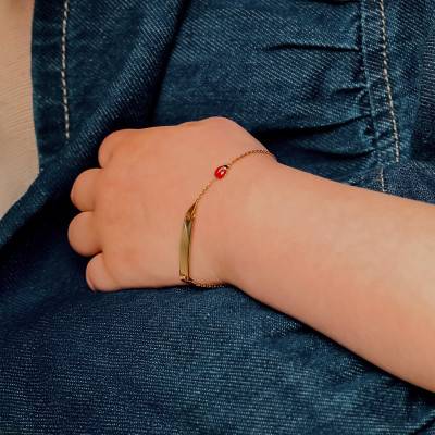 750/1000 Yellow Gold Rectangular Ladybug Baby ID Bracelet, Adjustable Length 14 cm - Bambins