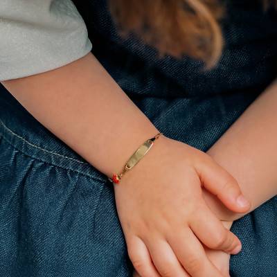 Ladybug Oval Baby ID Bracelet in 750/1000 Yellow Gold, Adjustable Length 14 cm - Bambins