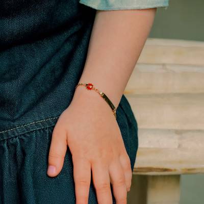 Gourmette Rectangulaire Coccinelle en Or Jaune 375, Longueur Ajustable 14 cm - Bambins