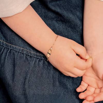 750/1000 Yellow Gold Barrel Cable Chain Baby ID Bracelet, Adjustable Length 14 cm - Bambins