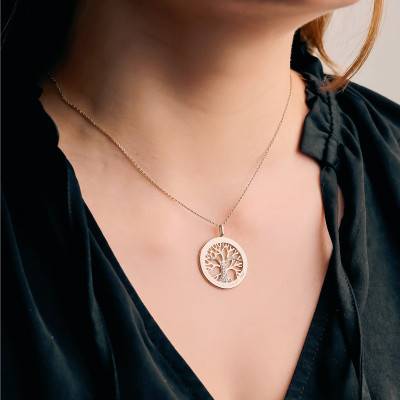 "375 Yellow Gold & Diamond 0.03 ct Engravable Tree of Life Pendant" - Lumiosa