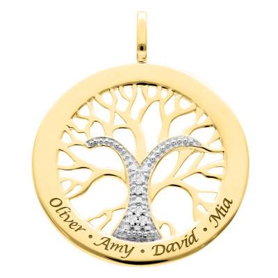 "375 Yellow Gold & Diamond 0.03 ct Engravable Tree of Life Pendant" - Lumiosa