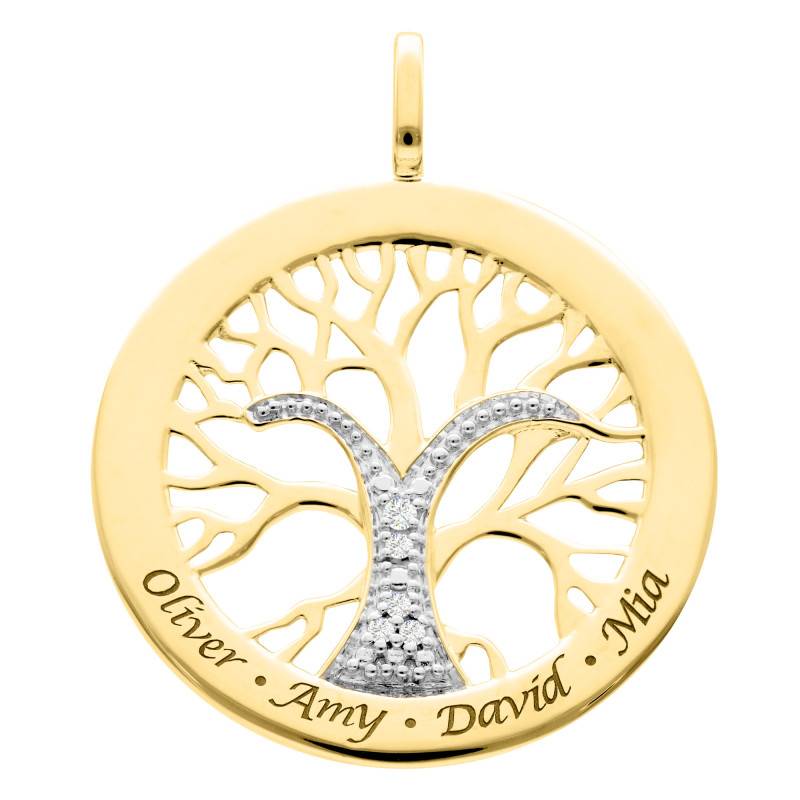 "375 Yellow Gold & Diamond 0.03 ct Engravable Tree of Life Pendant" - Lumiosa