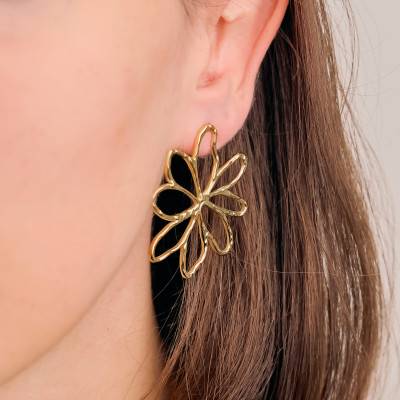 Gold-Tone Steel Large Open-Work Flower Drop Earrings - Emanessence