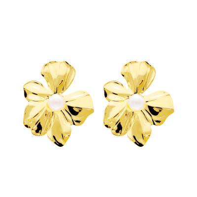 Gold-Tone Steel & Imitation Pearl Flower Earrings - Emanessence