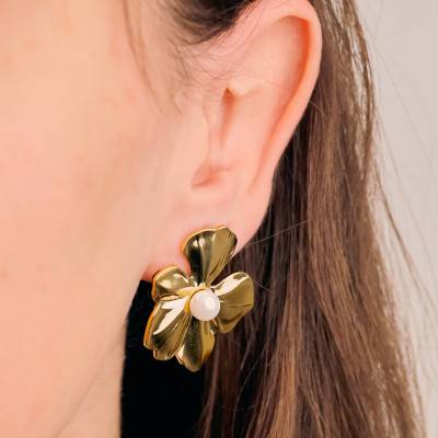 Gold-Tone Steel & Imitation Pearl Flower Earrings - Emanessence