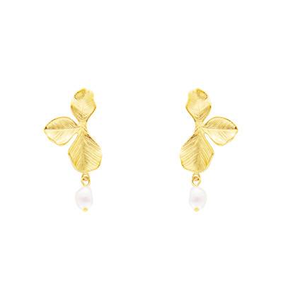 Boucles d'Oreilles Pendantes Feuilles Striées & Perles d'Imitation en Acier Doré - Emanessence