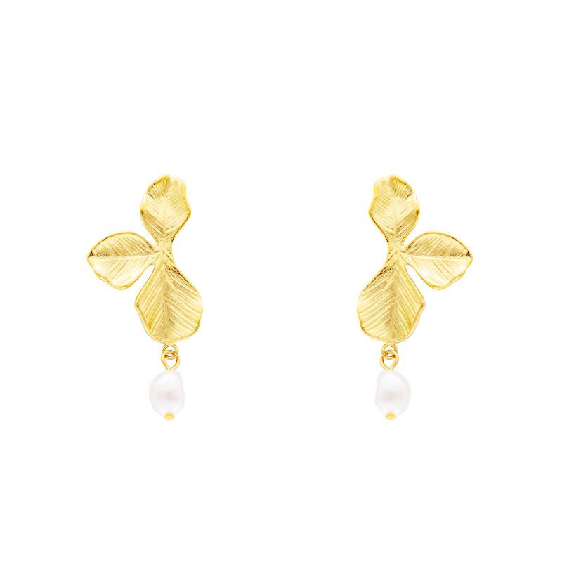 Striped Leaf Drop Earrings in Gold-Tone Steel & Imitation Pearls - Emanessence