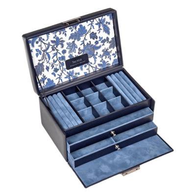 Boîte à Bijoux en Cuir Elly Navy à Fleurs, 22x14x11,5cm - Sacher 1846