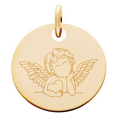 Yellow Gold-Plated Cherub & Heart Medal, 19 mm Diameter - Lumiosa