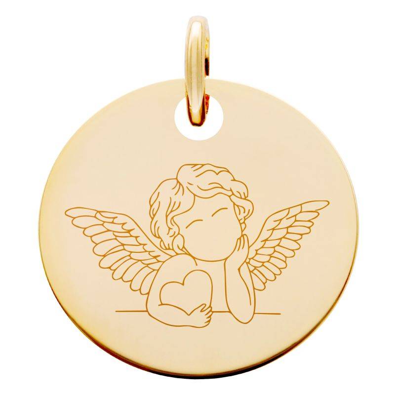 Yellow Gold-Plated Cherub & Heart Medal, 19 mm Diameter - Lumiosa