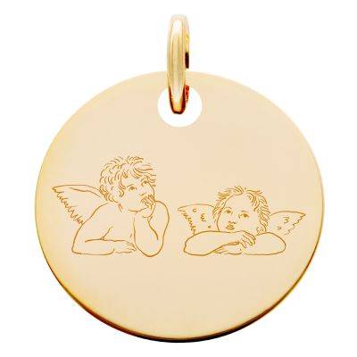 Yellow 18K Gold-Plated Dual Pensive Cherubs Medal, 19 mm Diameter - Lumiosa