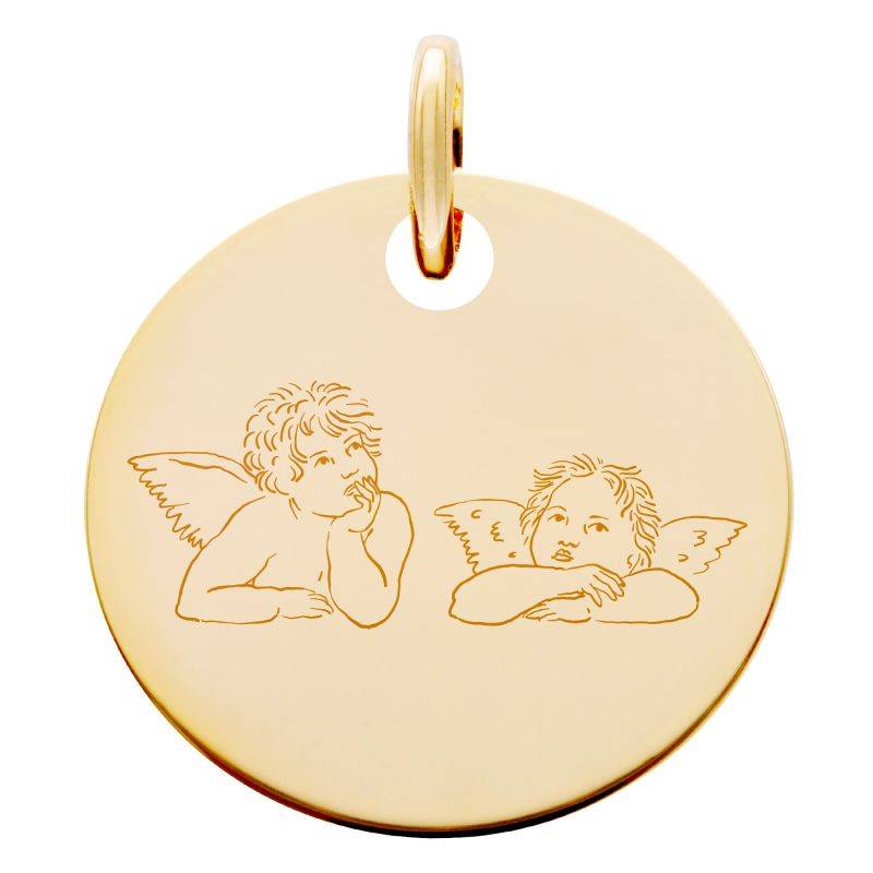 Yellow 18K Gold-Plated Dual Pensive Cherubs Medal, 19 mm Diameter - Lumiosa