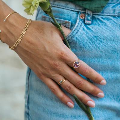 Bague Double Anneau Topaze Bleue & Améthyste en Or Jaune 375 - Aurora