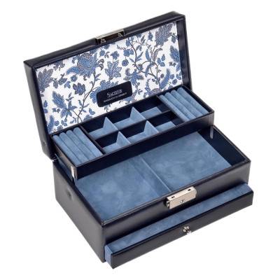Boîte à Bijoux en Cuir Helen Navy à Fleurs, 24x14x10,5cm - Sacher 1846