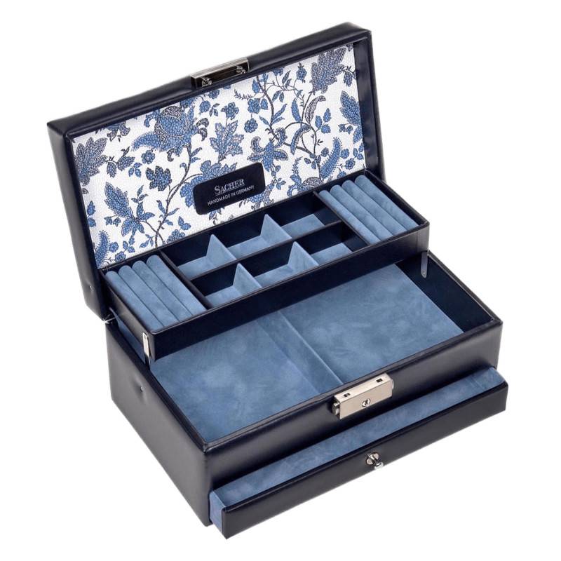 Helen Navy Floral Leather Jewelry Box, 24x14x10.5cm - Sacher 1846