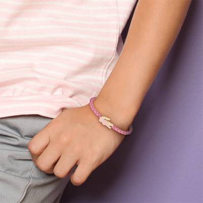 Gold-Toned Stainless Steel and Pink Leather Cutie Croc Bracelet, 14.5 cm Length - 2040531 - Lacoste