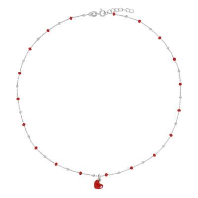 Heart Necklace in 925 Rhodium-Plated Silver & Red Enamel, Length 40 cm - Bambins