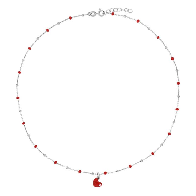 Heart Necklace in 925 Rhodium-Plated Silver & Red Enamel, Length 40 cm - Bambins