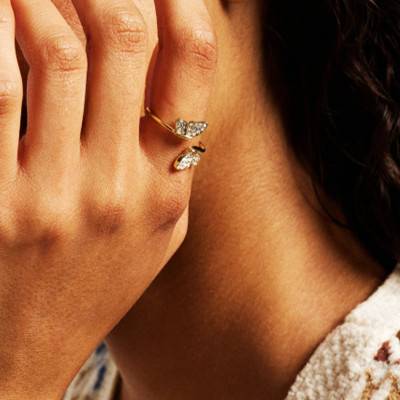 Bague Papillon Sutton en Acier Inoxydable Doré & Cristaux - Fossil