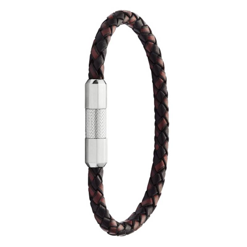 Knox Brown Braided Leather and Steel Bracelet, Length 20 cm - Fossil