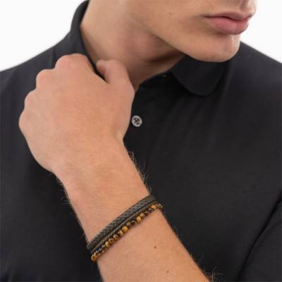Bracelet Sphere Mixed en Cuir, Acier et Tiger Eye Marron, Longueur de 17,50 à 19 cm - 1580787 - Boss