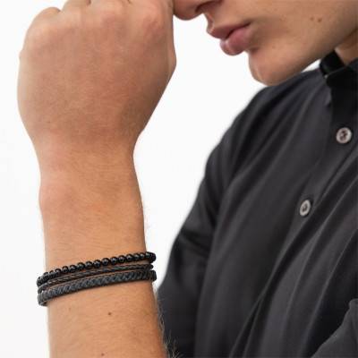 Bracelet Sphere Mixed en Cuir, Acier et Black Onyx, Longueur de 17,50 à 19 cm - 1580786 - Boss