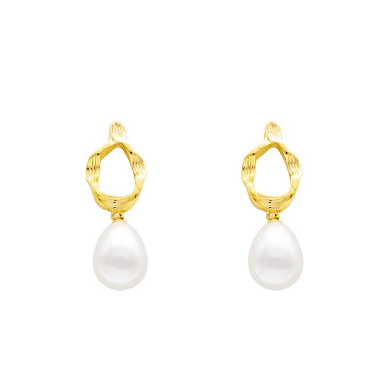 Gold-Toned Steel Grooved Ring & Imitation Pearl Drop Earrings - Emanessence