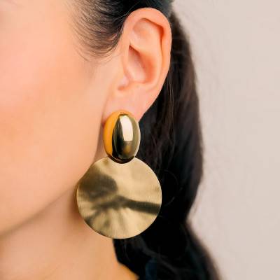 Gold-Toned Steel Hammered Disc Drop Earrings - Emanessence