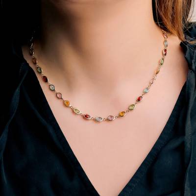 750 Yellow Gold & Multicolor Gemstones Necklace, Length 40 cm to 70 cm - Allegoria