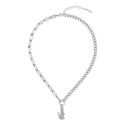 Crocodile Gray Stainless Steel & Pink Crystal Necklace, Length 42 cm - 2040553 - Lacoste