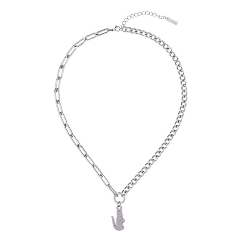 Crocodile Gray Stainless Steel & Pink Crystal Necklace, Length 42 cm - 2040553 - Lacoste