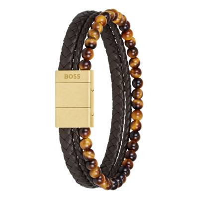 Bracelet Sphere Mixed en Cuir, Acier et Tiger Eye Marron, Longueur de 17,50 à 19 cm - 1580787 - Boss