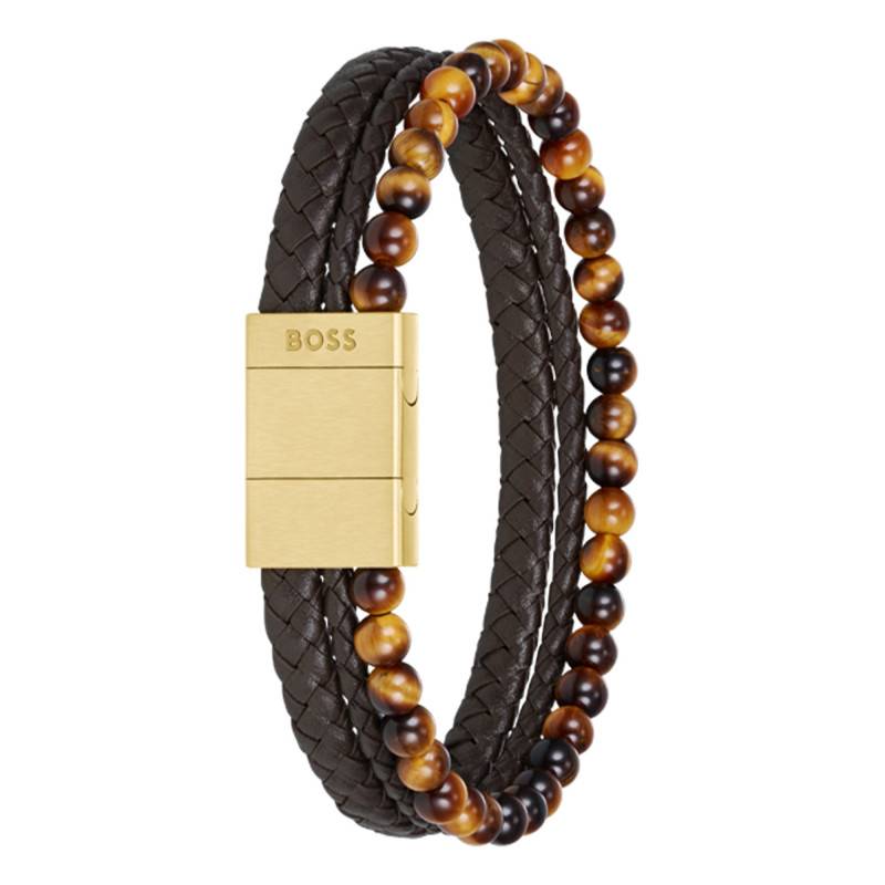 Sphere Mixed Brown Tiger Eye Leather & Steel Bracelet, 17.50 cm to 19 cm - 1580787 - Boss