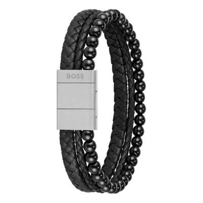Bracelet Sphere Mixed en Cuir et Acier & Black Onyx, Longueur de 17,50 cm à 19 cm - 1580786 - Boss