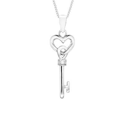 Collier Clé Coeur en Or Blanc 375 & Diamants 0,005 ct, Longueur de 46 cm - Emanessence