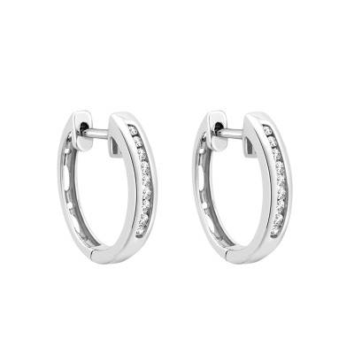 375/1000 White Gold and Diamond Rail-Set Hoop Earrings, 0.10 ct, Diameter 14.50 mm - Emanessence