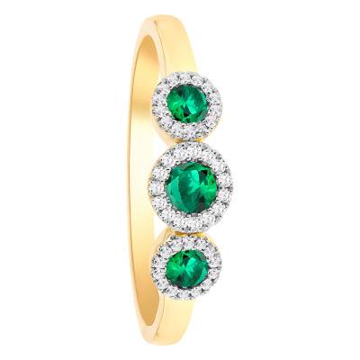 Bague Trinité en Or Jaune 375, Diamants et Emeraudes de Synthèse - Aurora