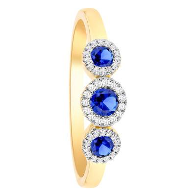 Bague Trinité en Or Jaune 375, Diamants et Saphirs de Synthèse - Aurora
