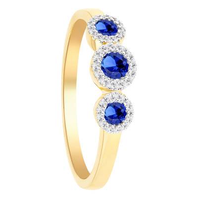 Bague Trinité en Or Jaune 375, Diamants et Saphirs de Synthèse - Aurora