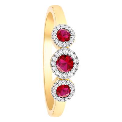 Bague Trinité en Or Jaune 375, Diamants et Rubis de Synthèse - Aurora