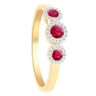 Bague Trinité en Or Jaune 375, Diamants et Rubis de Synthèse - Aurora