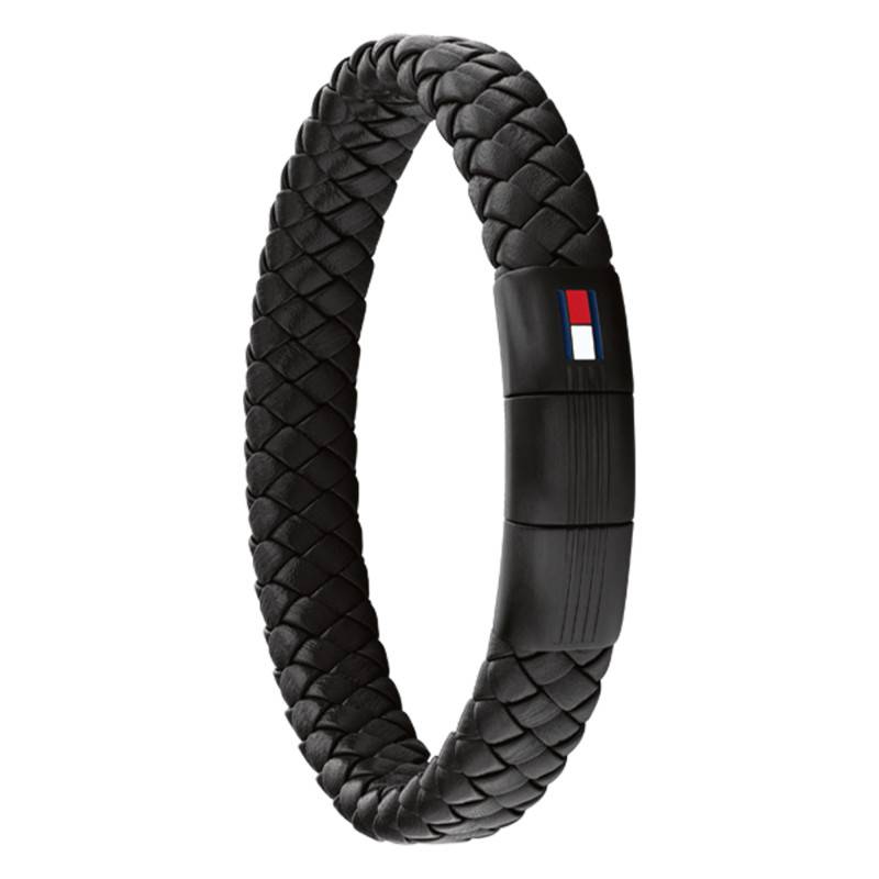 Round Braided Steel & Black Leather Bracelet, Length 19 cm - 2790662 - Tommy Hilfiger
